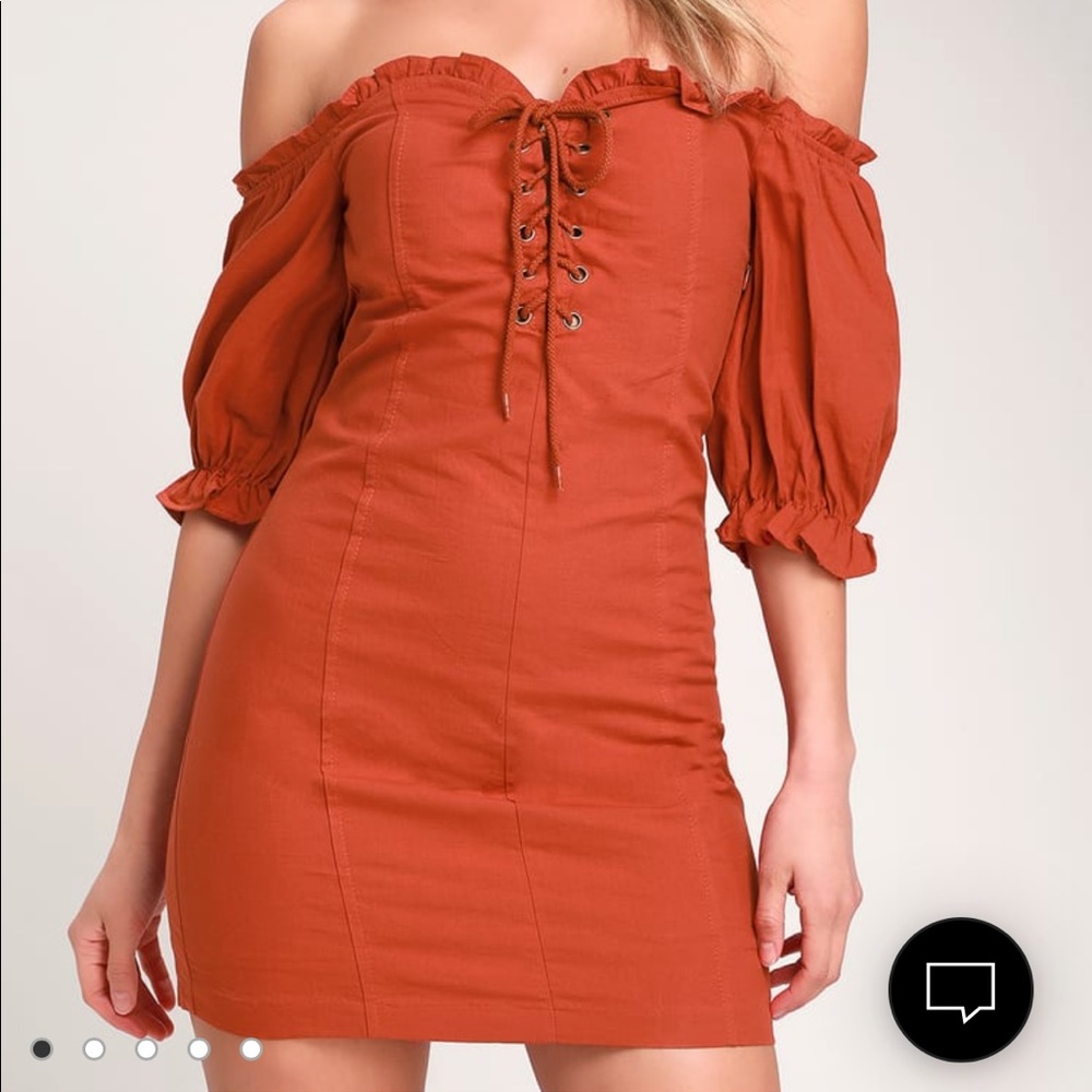 LULUS See Ya Later Terra Cotta Off-the-Shoulder Lace-Up Dress